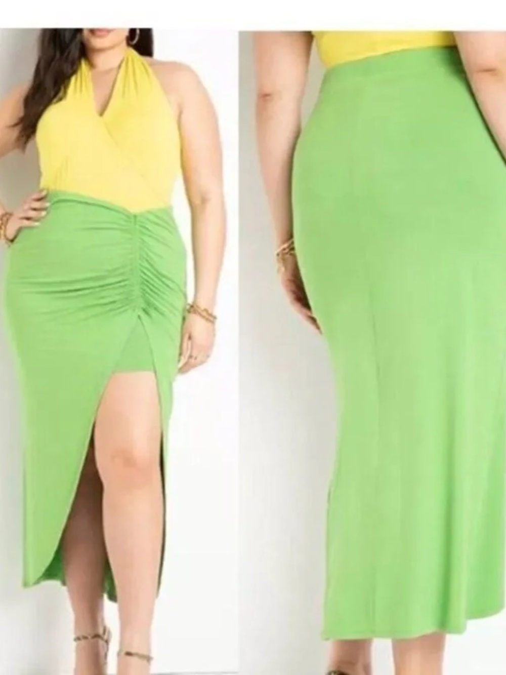 NWT Eloquii Ruched Front Maxi Skirt Lime Green Stretch Jersey Slit Plus Size 16